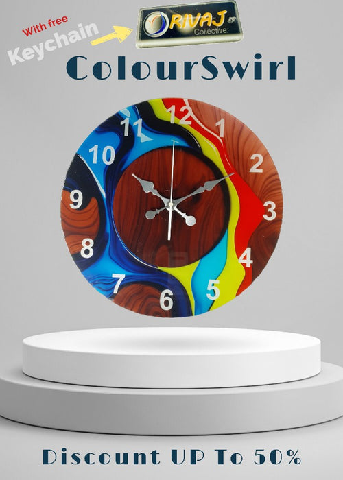 Colorful wall clock with a free keychain offer .